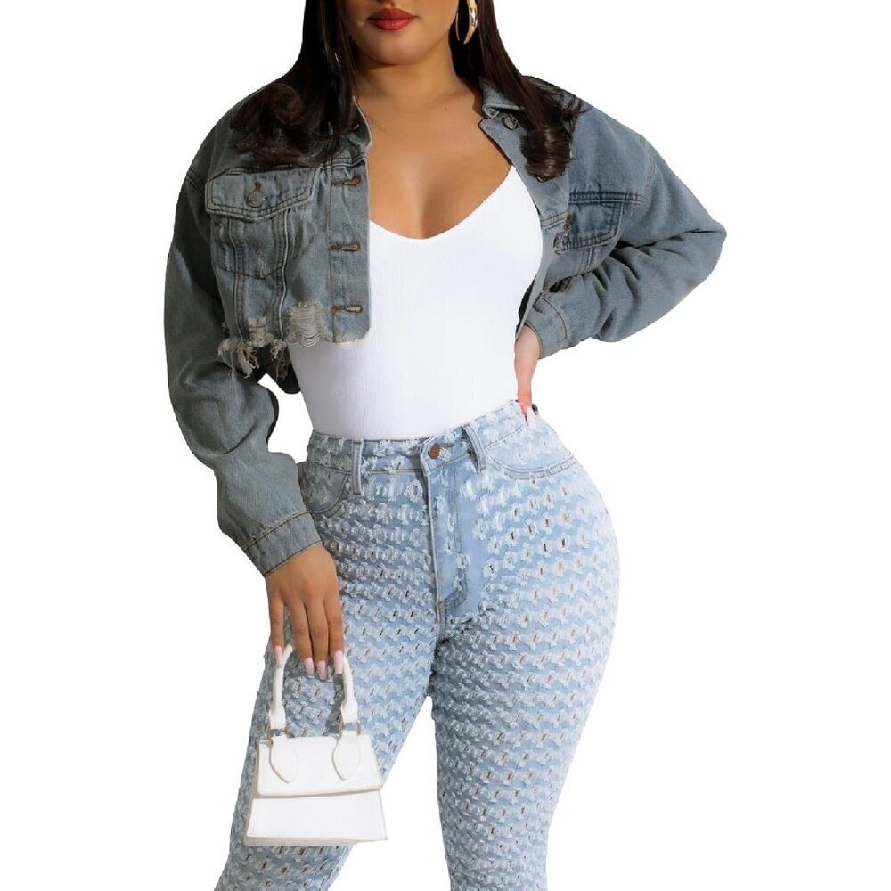 Women's Top Jean Jacket Button Down Long Sleeve Cropped Denim Jacket Light Blue2